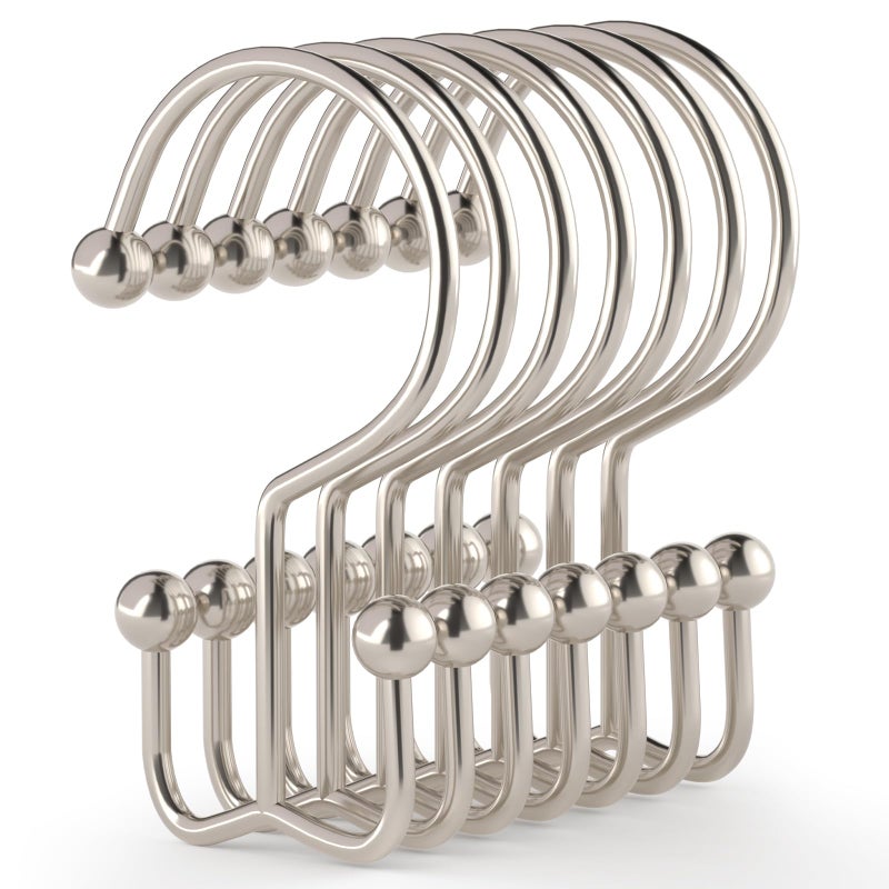 Goowin Shower Curtain Hooks, 12 Pcs Shower Curtain Rings, Durable Shower Curtain Rings Rust Proof, Double Glide Shower Rings for Curtain, Simple Shower Hooks for Shower Curtain & Liner, Brush Nickel - Image 1